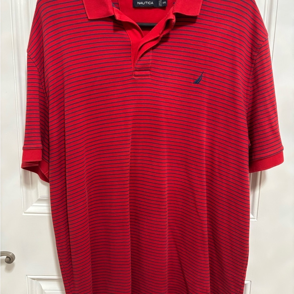Nautica Polo Shirt XXL Red Navy Striped Short Sleeve 100% Cotton